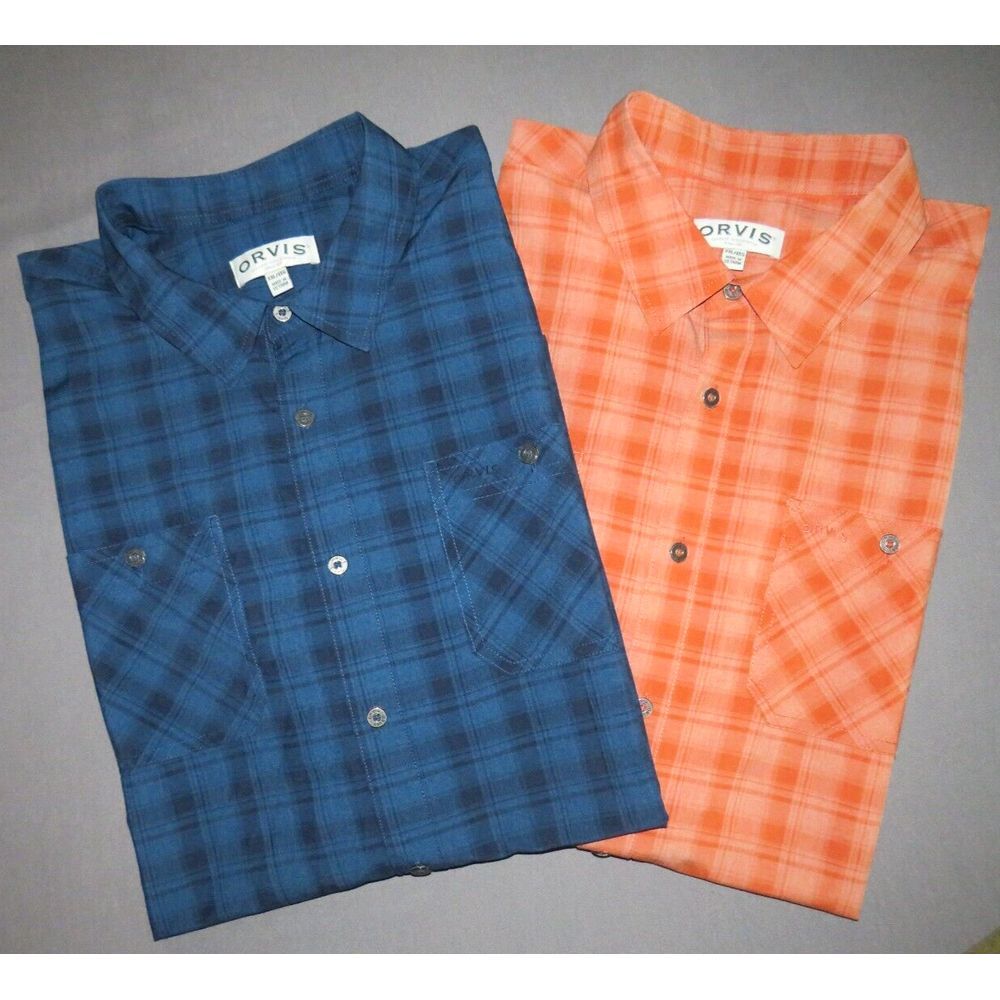 Lot of 2~ ORVIS 100% Polyester Short Sleeved Plaid Button Up Shirts Men's XXL